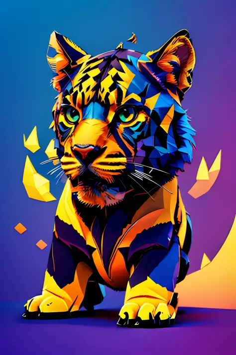 a silhouette design of 1panthera, 3D vector art, beautiful and quirky, bold bright color, black background, blue, yellow and orange colors, digital painting, low-poly, panoramic view, isometric style, retro aesthetic, character-focused, 8k resolution, phot...