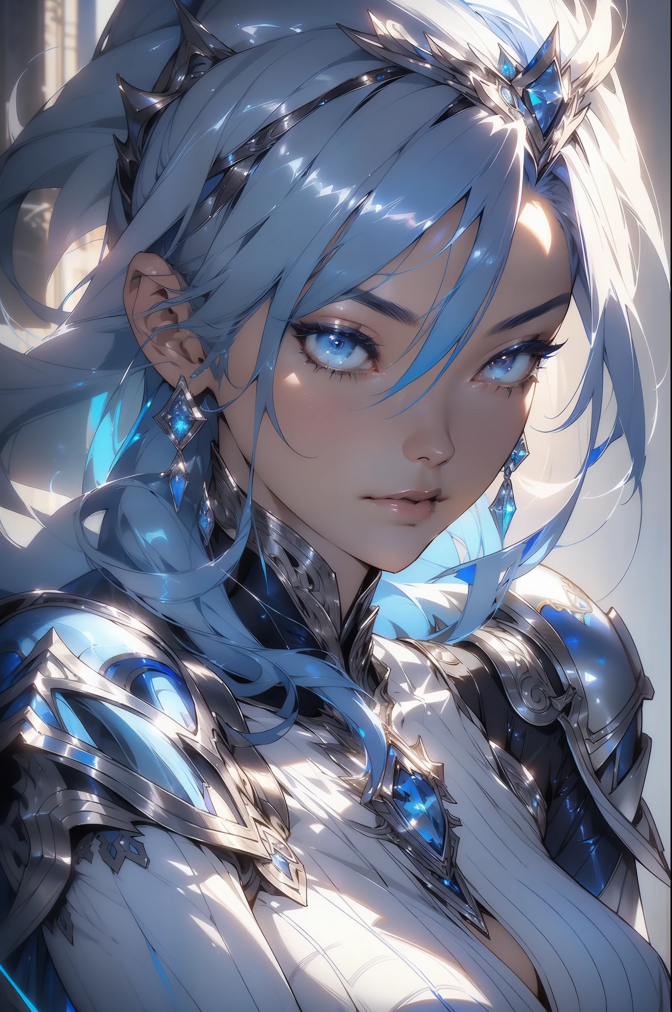 a close up of a woman in a silver and blue dress, chengwei pan on artstation, by Yang J, detailed fantasy art, stunning character art, fanart best artstation, epic exquisite character art, beautiful armor, extremely detailed artgerm, detailed digital anime art, artgerm on artstation pixiv, armor girl