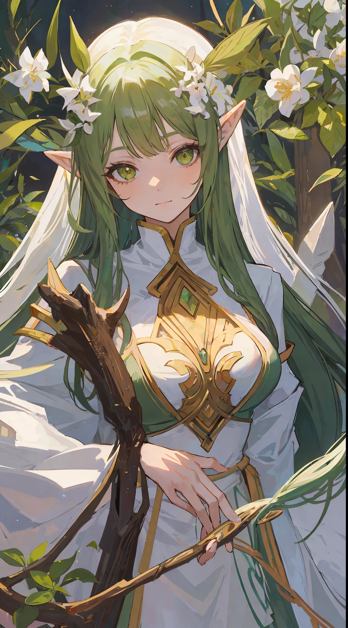 1 garota elfa madura, cabelo longo verde, Olhos dourados, manto branco de sálvia, ela tem flor branca na cabeça e média 