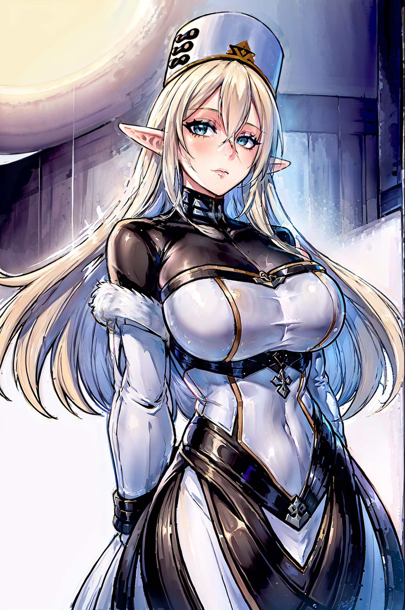 cinematiclighting, 1girl, (((masterpiece)), hdr, best quality, ultra-detailed, extremely detailed, high res, perfect face, highre, beautiful background, (depth of field), ray tracing, standing, Sovetsky_Soyuz, sovetsky soyuz \(azur lane\), standing, large breasts, yellow blonde hair, elf ears, (((no errors))), (((well detailed)), (((extremely well done)))
