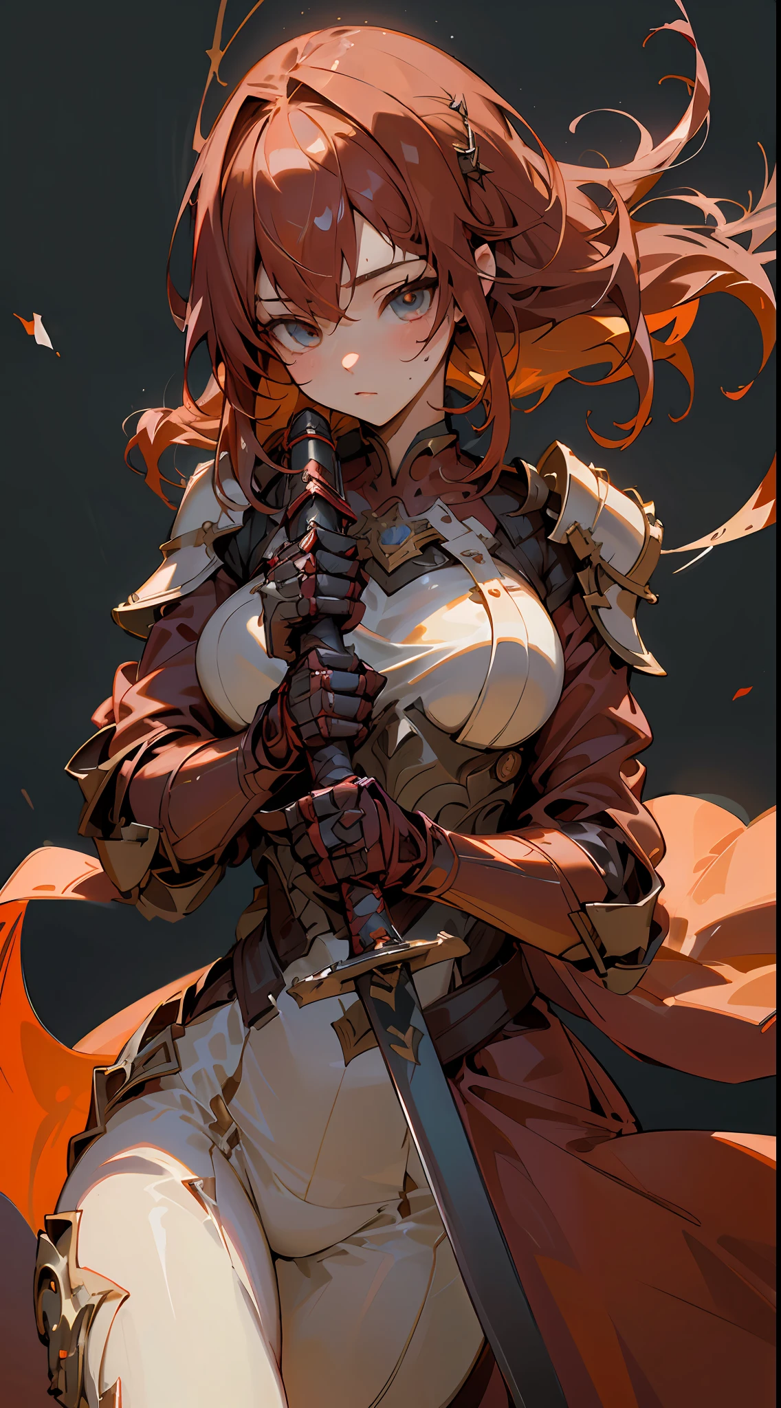 1girl, (wearing red armor with dazzling light: 1.2), (holding a huge sword emitting fiery flame in one hand: 1.2), (red hair, dynamic hair), blushing, cute side face, (masterpiece: 1.2, best quality), (fine beautiful eyes: 1.2), (very detailed CG Unity 8k wallpaper, masterpiece, best quality, hyper detail, best shadow), (detailed background), (beautiful detail face, beautiful detail eyes), high contrast, (the best lighting, extremely refined and beautiful)