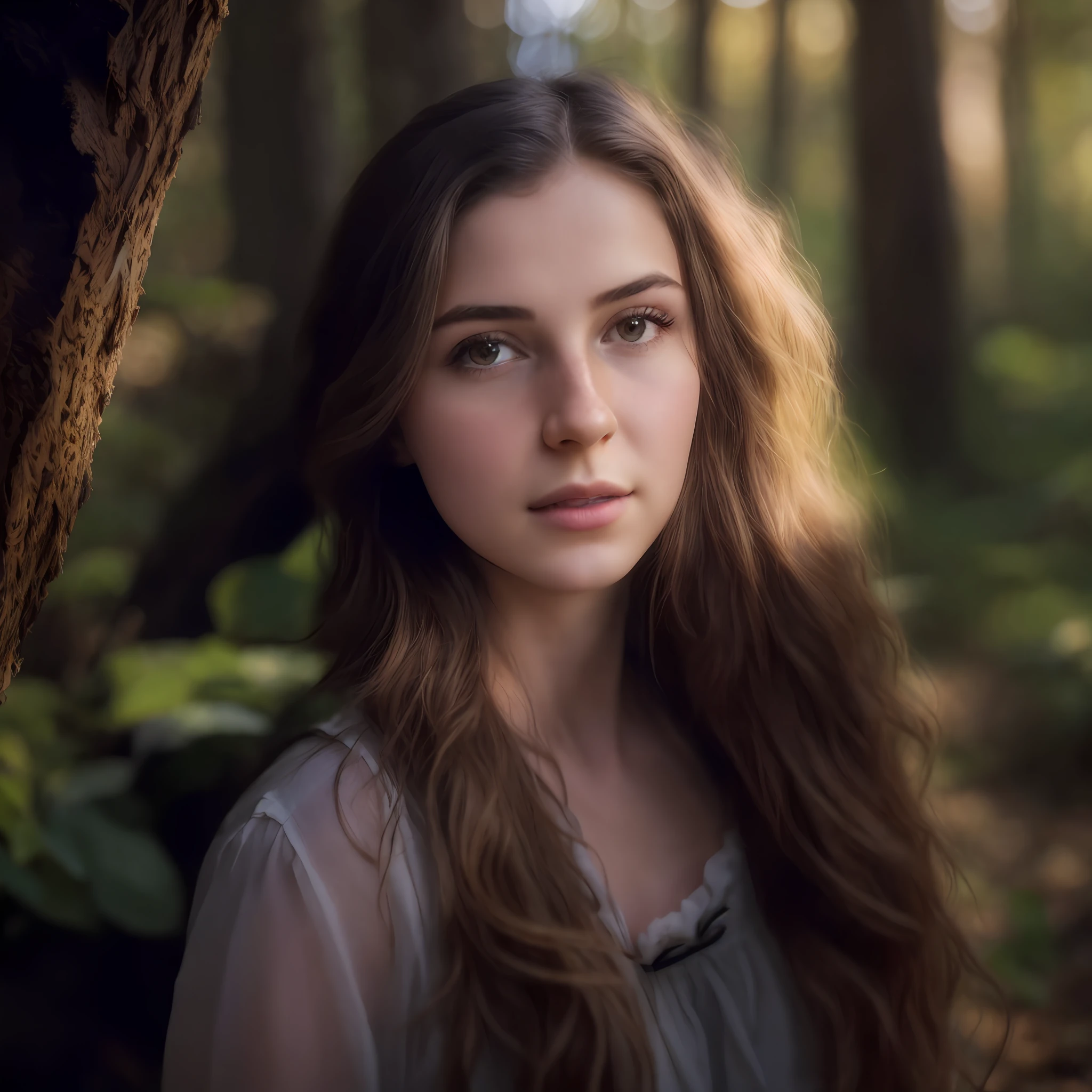 arafed woman with long hair standing in a forest looking at the camera, soft portrait shot 8 k, beautiful portrait photo, medium portrait soft light, color photograph portrait 4k, portrait soft light, soft portrait, beautiful portrait, 60mm portrait, fantasy portrait, portrait soft low light, 7 0 mm portrait, photography portrait 4 k, cinematic portrait