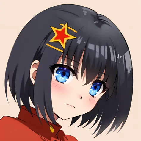 Close-up anime portrait of Mitsuyang of a person with red stars on her head, she has black hair and bangs