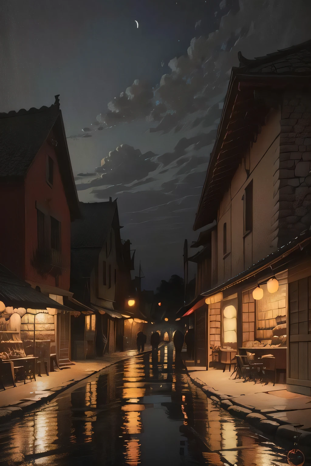 ((best quality)), ((masterpiece)), ((ultra realistic)), ((night)), award winning soft oil painting trending on artstation 
evocative, volumetric light, village at night