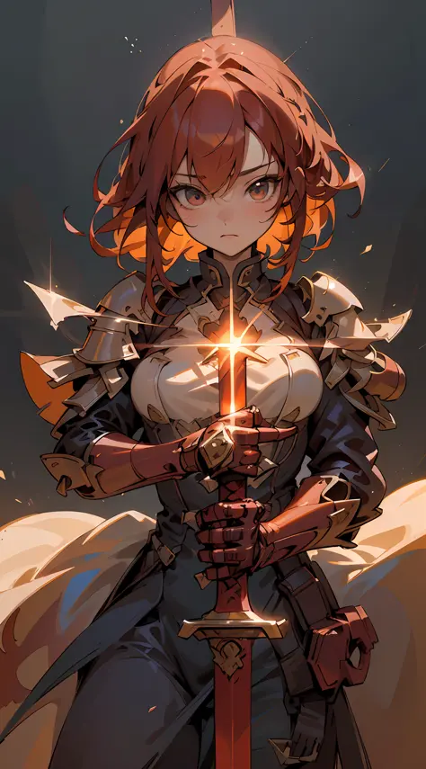 1girl, (wearing red armor with dazzling light: 1.2), (holding a huge sword emitting fiery flame in one hand: 1.2), (red hair, dy...