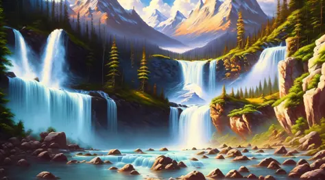 Oil painting, majestic, mountains, waterfalls, forests, white clouds, 8K, HD --auto --s2