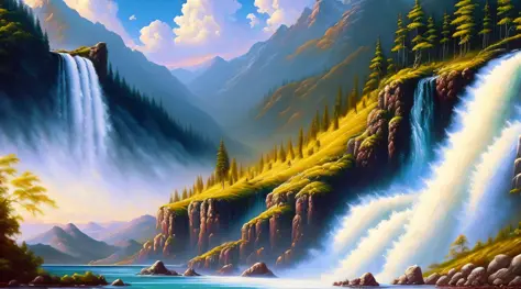 Oil painting, majestic, mountains, waterfalls, forests, white clouds, 8K, HD --auto --s2