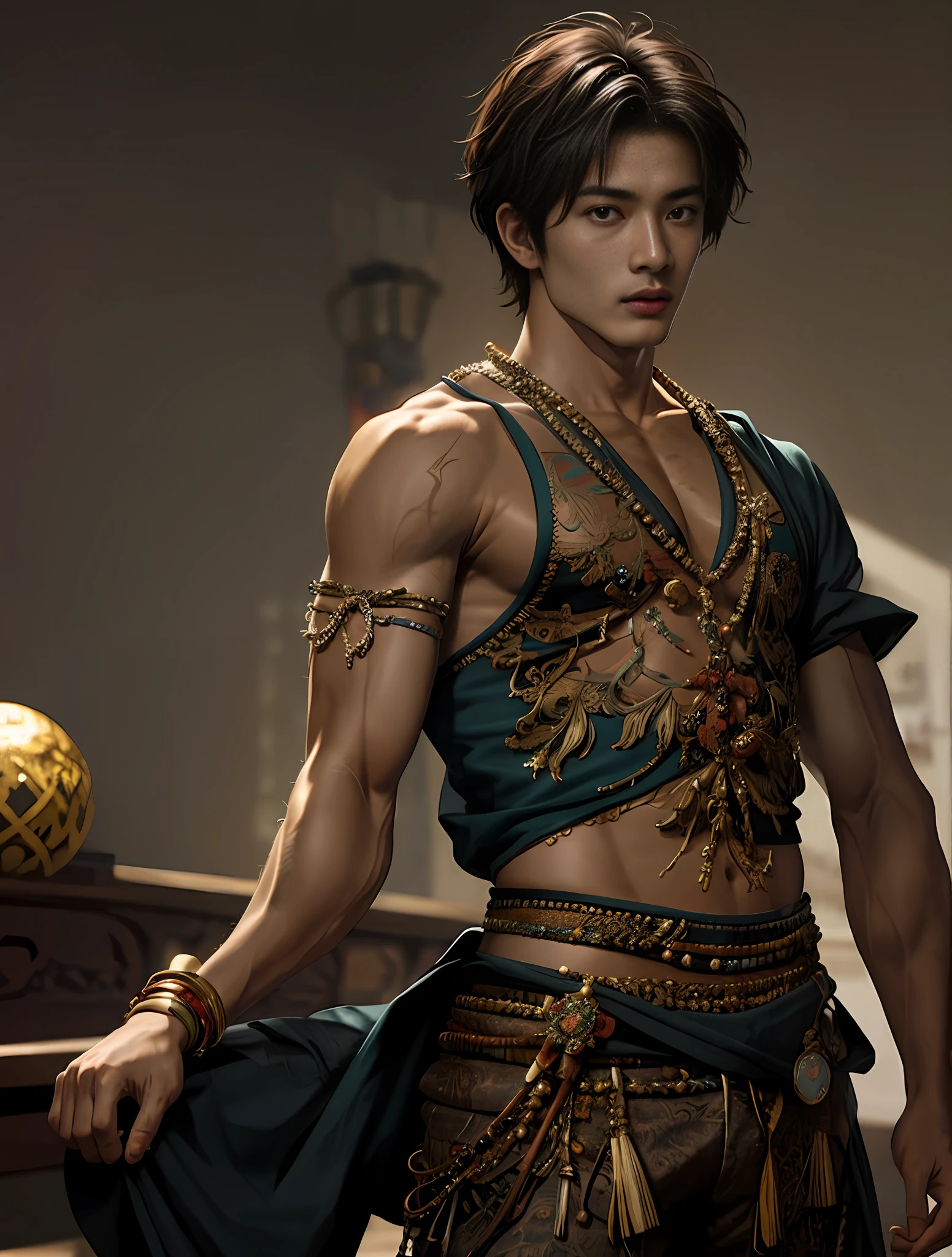 Bailarín masculino ídolo asiático, sexy y linda, chiaroscuro, estilo dunhuang, muscular man, piel texturizada, Urzan brillante y macho.