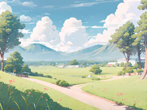 (Japanese landscape), (Hayao Miyazaki Style), cartoon, modern countryside, roads, curves, low houses, trees, poles, white clouds, calm landscape, outdoor, green trees, epic composition, realistic lighting, high definition detail, masterpiece, best quality,...