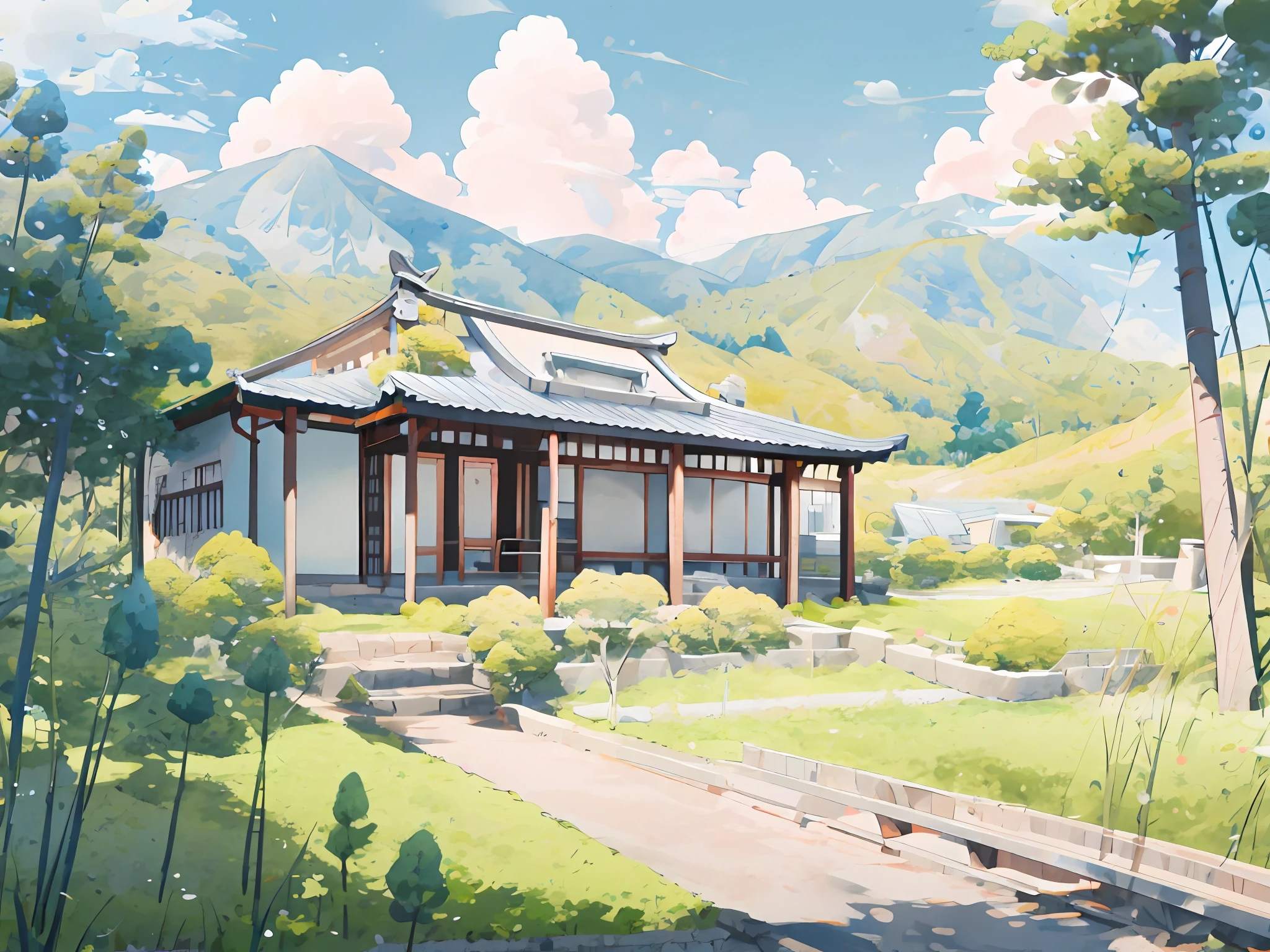 (Paisagem japonesa), (Estilo Hayao Miyazaki), Desenho animado, Campo moderno, estradas, curvas, casas baixas, árvores, postes, nuvens brancas, paisagem calma, ar livre, green árvores, composição épica, iluminação realista, detalhe de alta definição, obra de arte, melhor qualidade, (Papel de parede CG unificado 8k muito detalhado), Textura de argila, fundo limpo, Luz natural, melhor qualidade, ultra detalhe, Arte 3D,  c4d, Renderizador OC, Renderização 3D, 8K