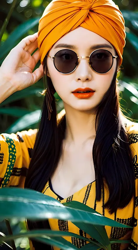 terrorist, turban, african national costume, Japan woman, sunglasses, background is jungle,