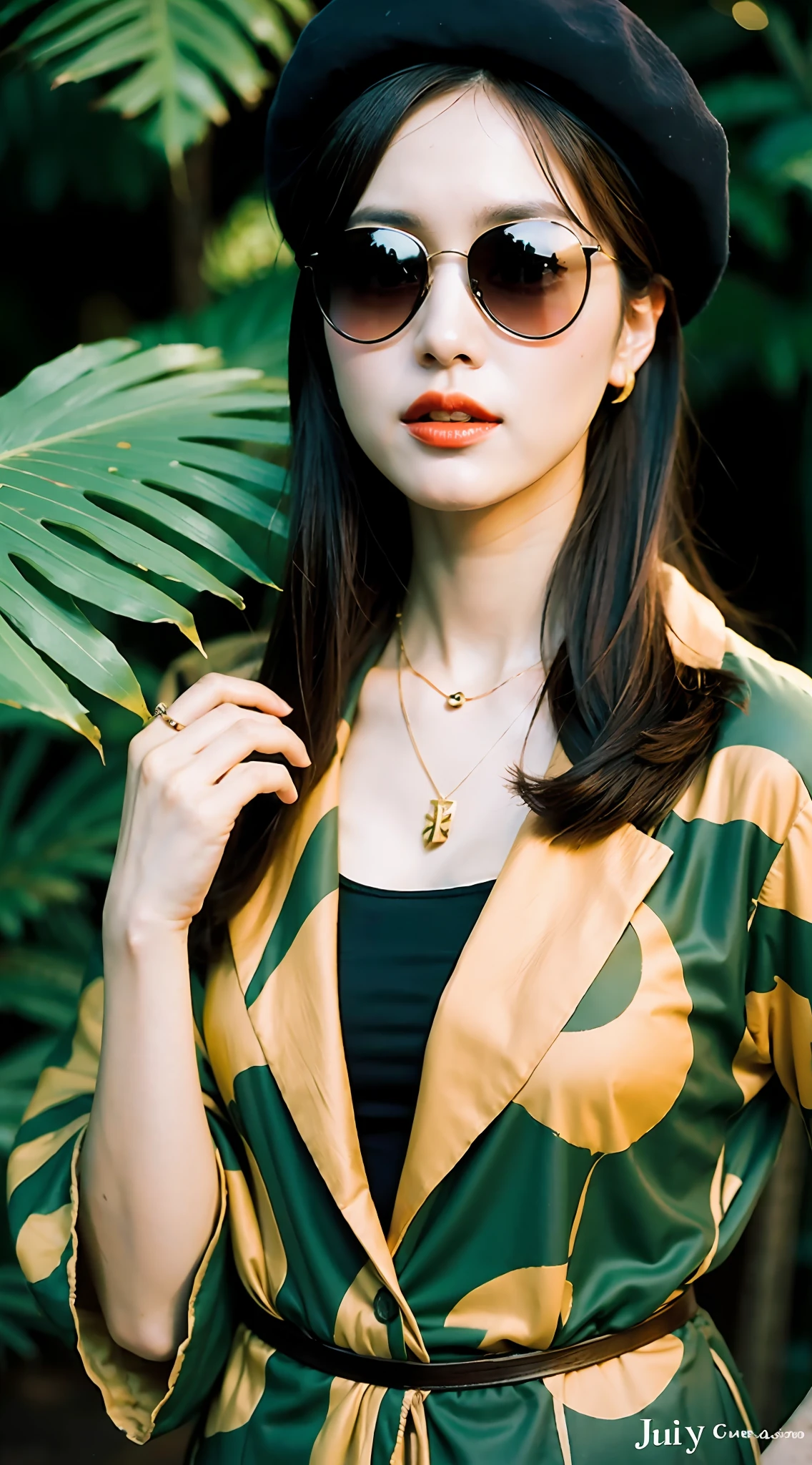 beret, terrorist, african national costume, Japan woman, sunglasses, background is jungle, skeleton necklace,