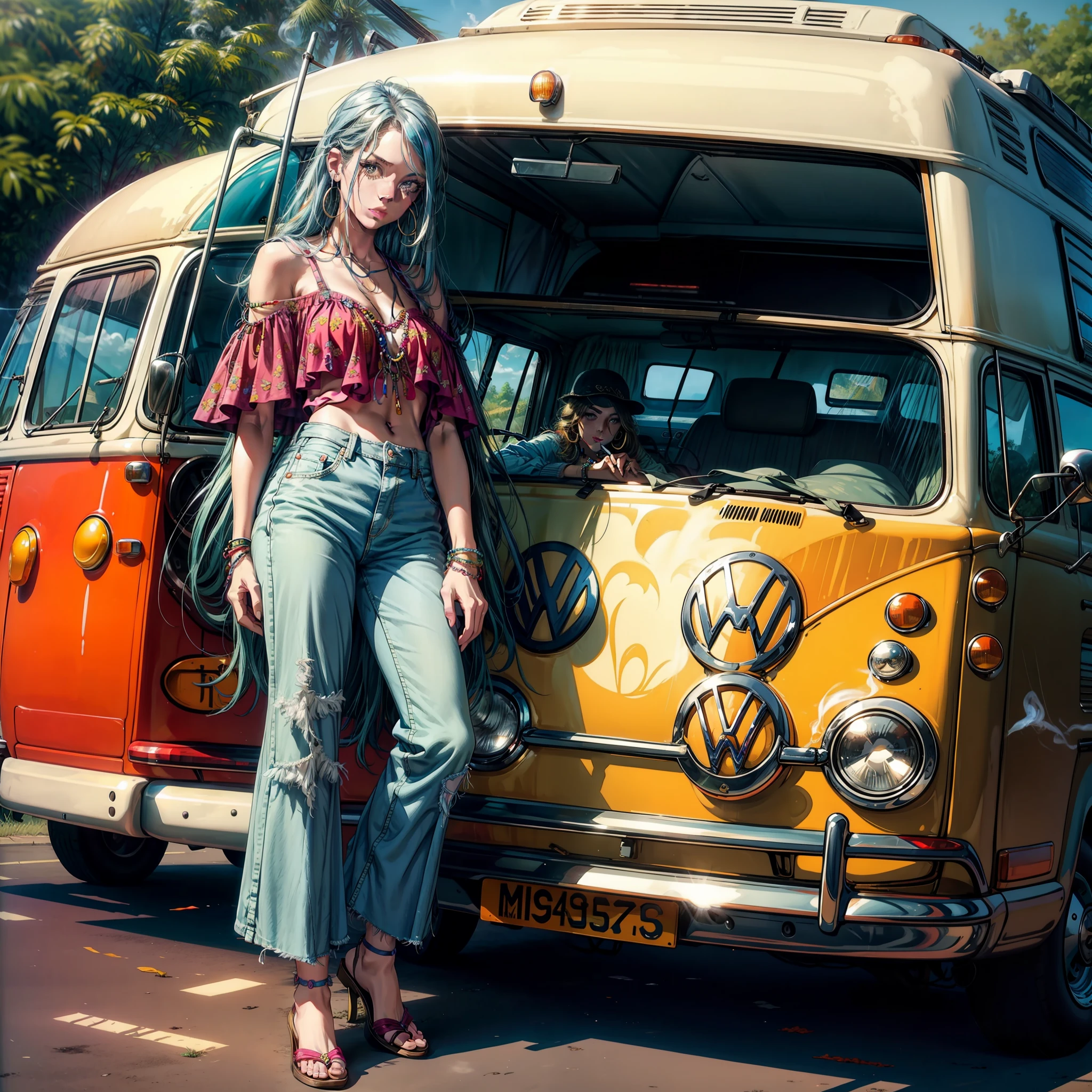 Estilo dos anos 1970, mulher hippie, boca de sino, Jeans de cintura baixa, encostado em um ônibus Volkswagen, fumando cigarro, Fundo colorido