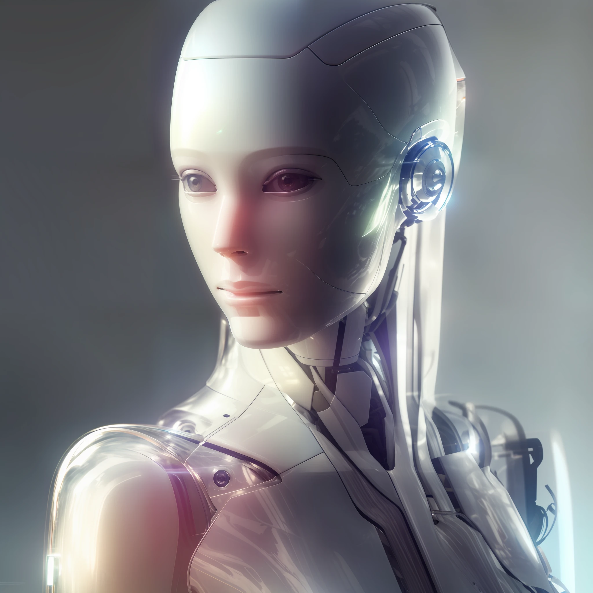 There is a closeup of a robot with a futuristic head with a transparent acrylic outfit, robot femnia sensual model, integrated synthetic android, cyborg - girl, portrait of a female android, beautiful android woman, perfect android girl, cyborg girl, female android, humanoid woman, female robot, cute female android, cyborg woman, intricate trans-human, ultra detailed female android,  Portrait of an android, beautiful white cyborg girl, fashion photography, ashion