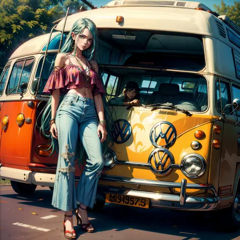1970s style, hippie woman, bell-bottoms, low rise jeans, leaning against a volkswagen bus, smoking cigarette, colorful backgroun...