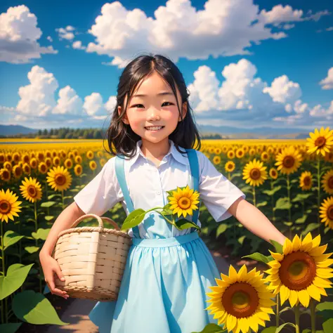 8 years old little girl, wearing school uniform, Asian face, smiling, carrying a basket of sunflowers, turning, a country road, ...