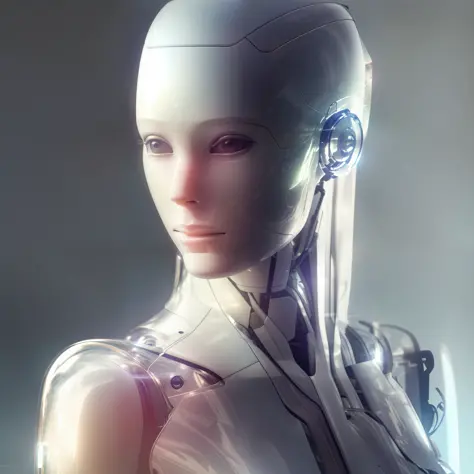 There is a closeup of a robot with a futuristic head with a transparent acrylic outfit, robot femnia sensual model, integrated s...