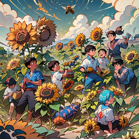 (Picture quality: top, super high resolution), (scene description: school football field, sunny), sky light blue (Tian Kuai dan lan), six sunflowers, each with a word in the middle, composed of bees, the 6 characters are: yang, light, self, faith, everyday...