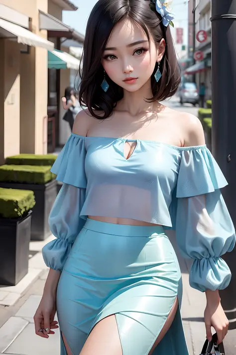 Fashion trendy beautiful and charming woman, gentle and charming Chinese beautiful woman, delicate and sexy collarbone, charming oval face, double eyelids, smart peach blossom eyes, pink lips, small nose, bare shoulders, focus on the face, close-up of the ...