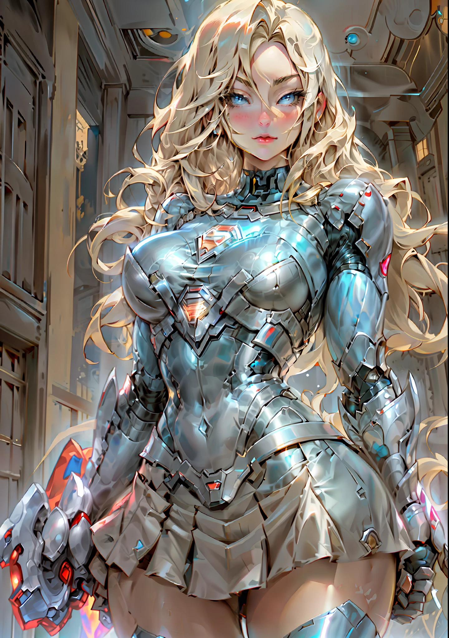 Dc comics, Supergirl, Beautiful blonde woman, blue eyes, long hair, hyper detail, cinematic lighting, big breasts, thin waist, wide hips, sensual posture, red carp on the back, short skirt, turned body.