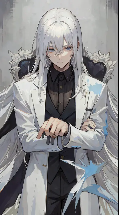 1mature man, white long hair, dark eyes, white suit, psychopath smile