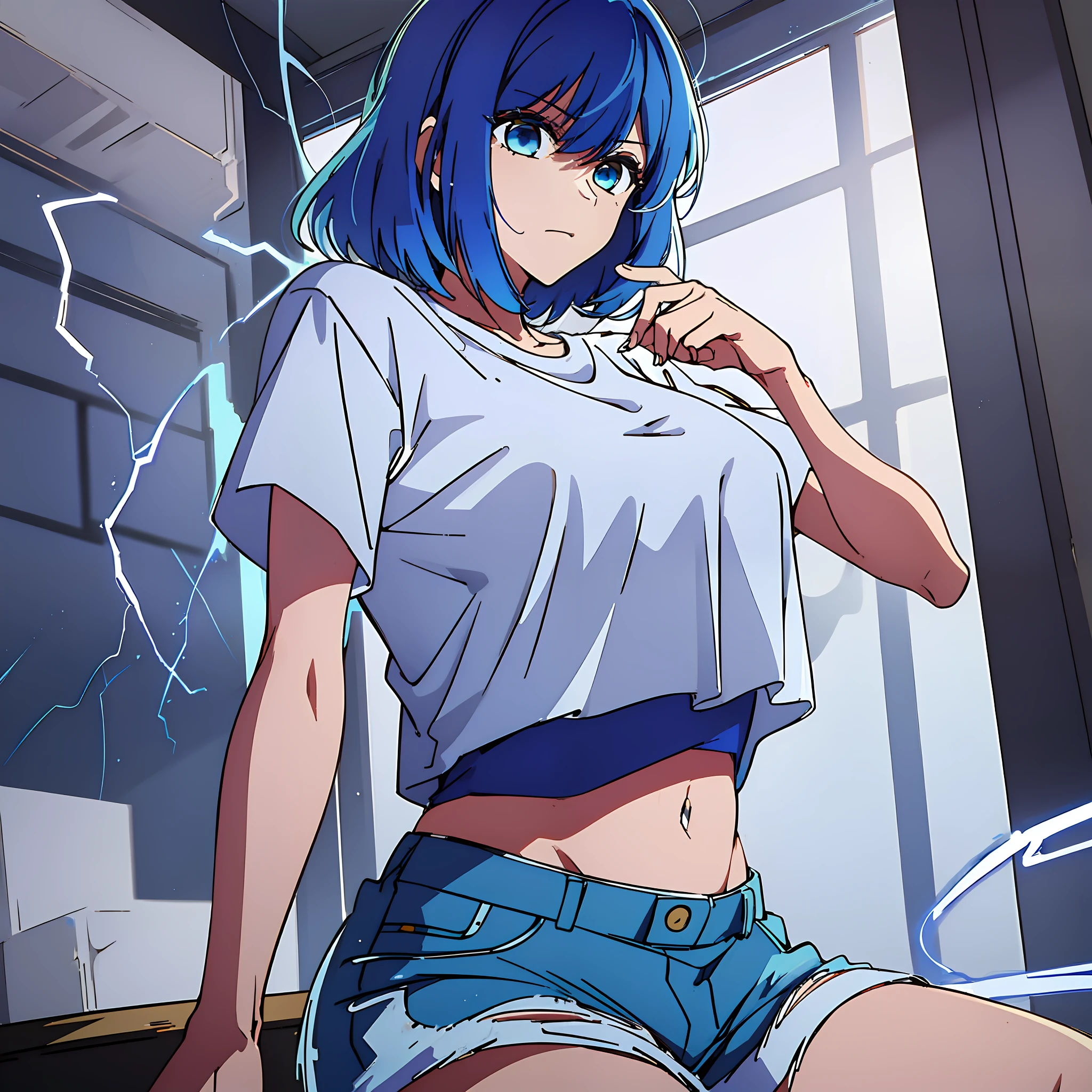 (((1woman))), (((solo))), (((masterpiece))), (((best quality))), (((highres))), white t-shirt, long blue shorts, electricity, ((lightning)), ((blue hair)), ((flowing electricity)), (((large breasts)))