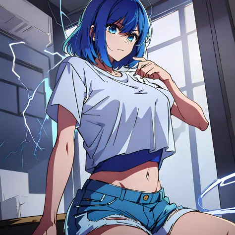 (((1woman))), (((solo))), (((masterpiece))), (((best quality))), (((highres))), white t-shirt, long blue shorts, electricity, ((...