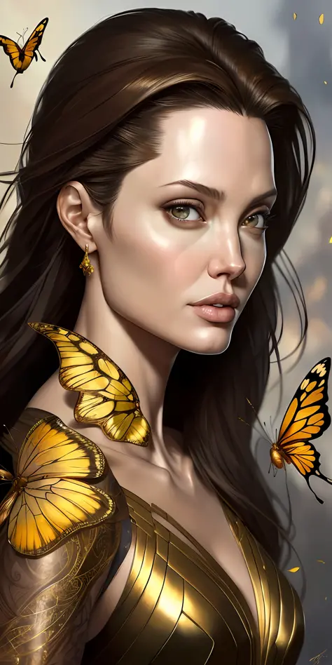 ANGELINA JOLIE,8k portrait of a beautiful cyborg with brown hair, intricate, elegant, highly detailed, majestic, digital photography, art by Artgerm and Ruan Jia and Greg Rutkowski Surreal painting of golden butterfly filigree, broken glass (masterpiece, s...