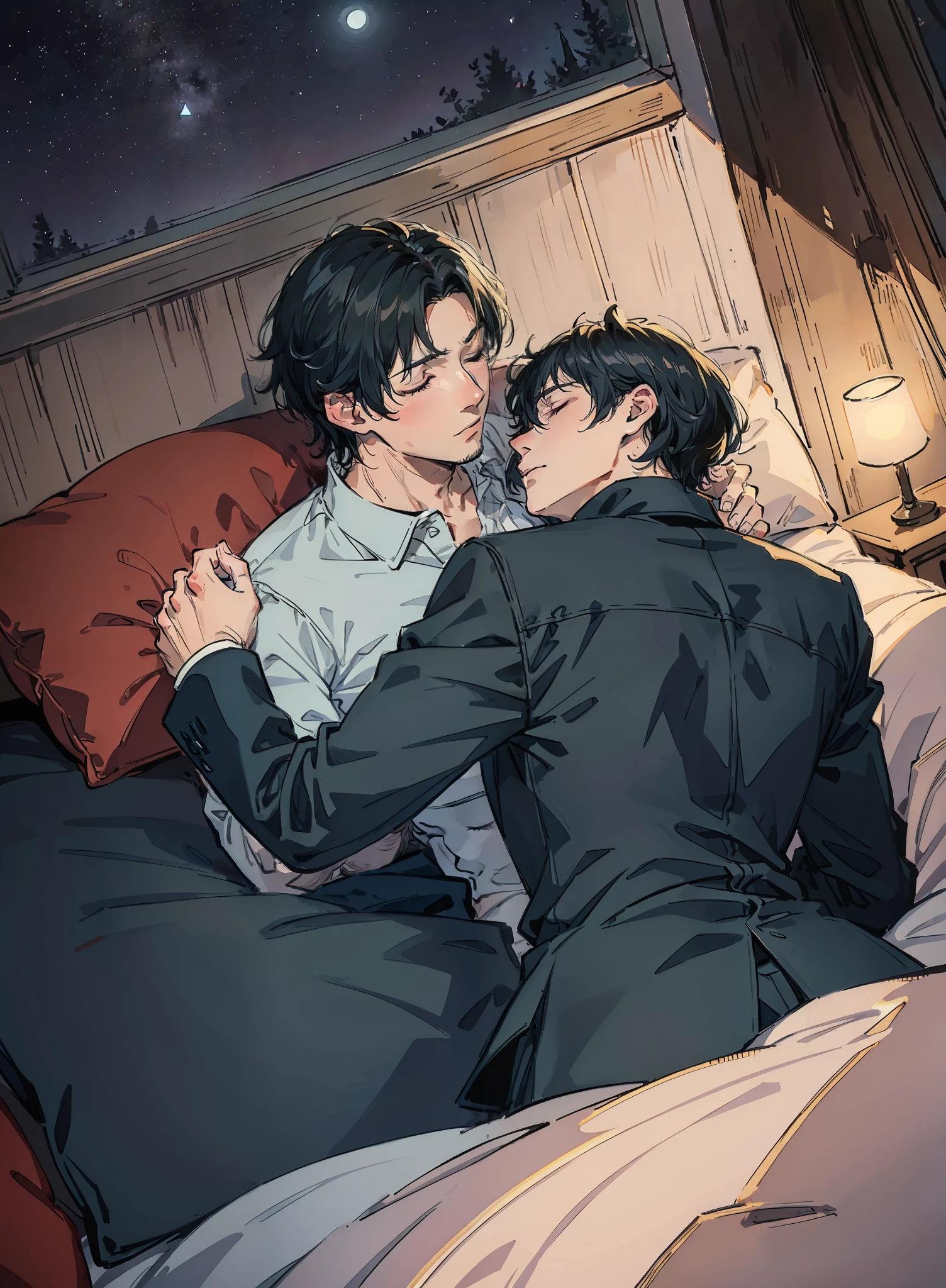 Dois homens dormindo juntos, olhos fechados, romântico, noite