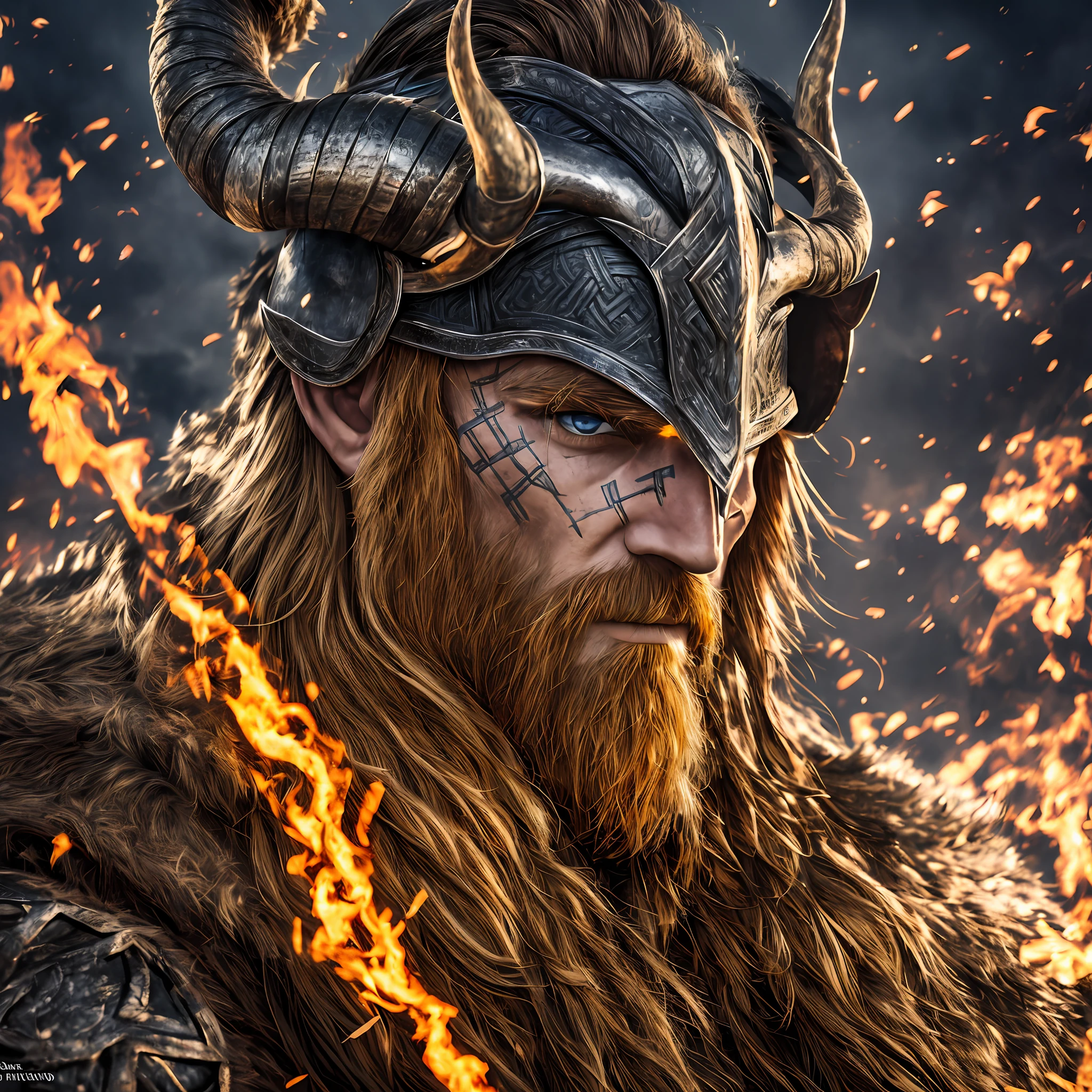 portrait d&#39;un homme portant un casque avec une armure à cornes, Dieu nordique, Thor, pionnier, Dieu nordique, Odin, guerrier nordique, viking, pleine HD 4K, cicatrice sur l&#39;oeil, casque viking, en colère