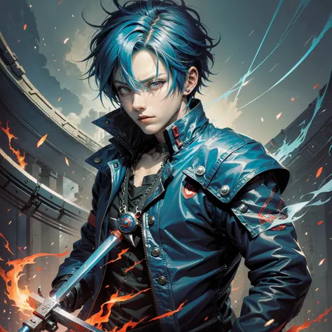 A boy, anime, blue hair,thin,red eyes, emo style hair, wearing blue jackets with red flames, heroic pose, realistic anime style, using a blue fire sword --auto --s2