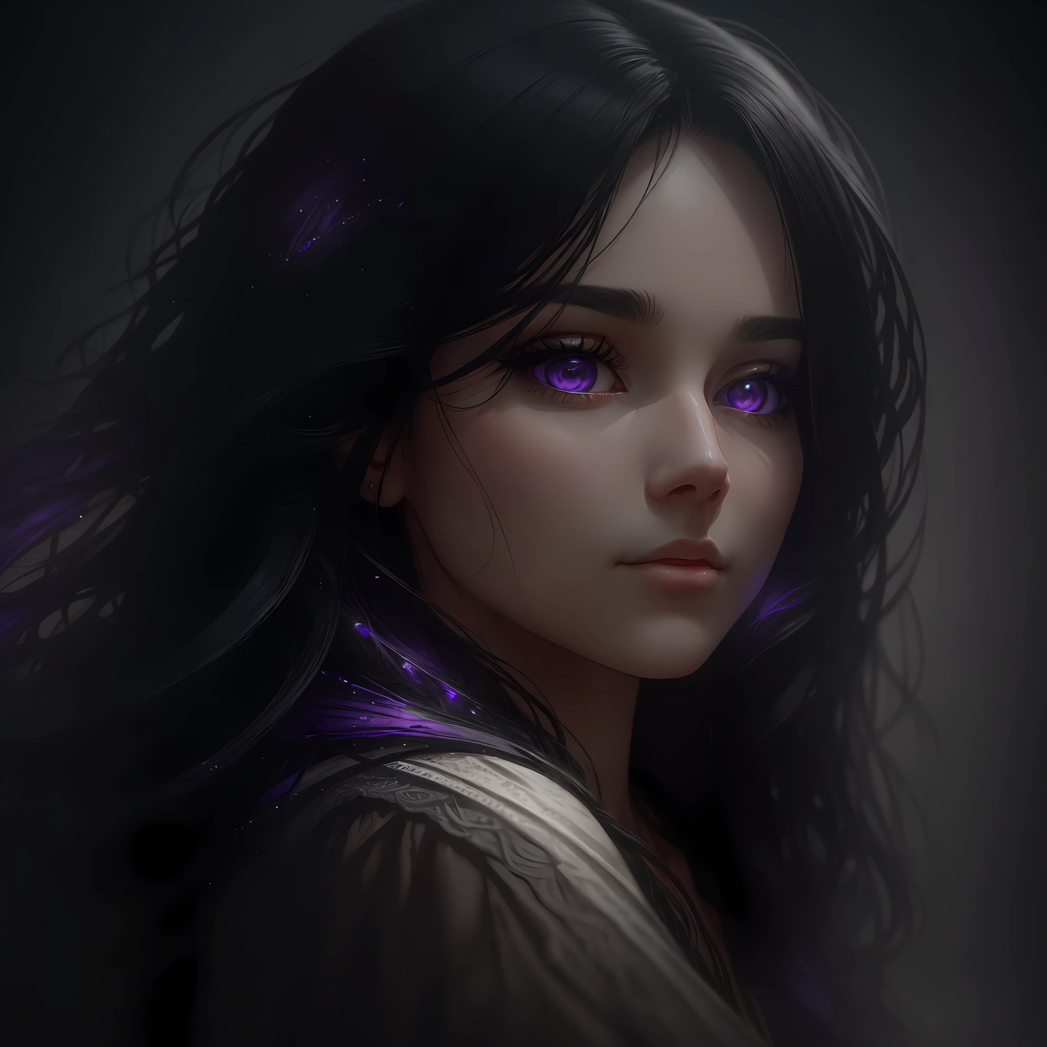 Front photo, Detailed woman's face, with fog and shadows, wavy and long black hair, high quality, ultra-detailed, 8k, masterpiece, (volumetric lighting), black magic, fanciful, purple filter --auto --s2