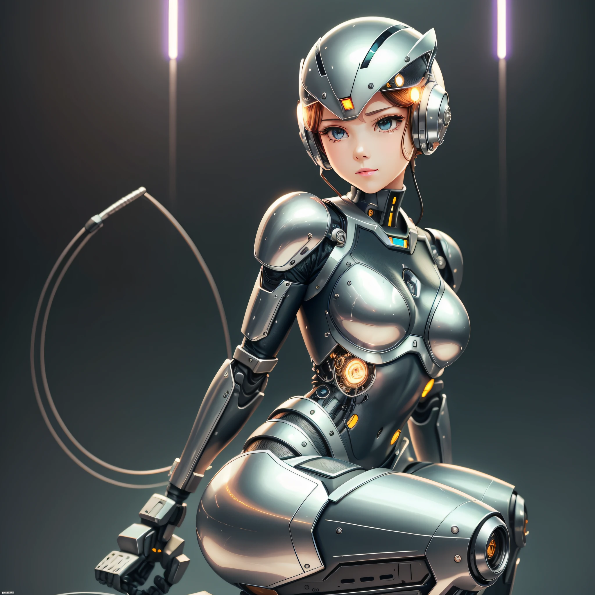 Helmet with antenna, cute girl made of metal, (Cyborg: 1.1), ([Tail | Detail Wire]: 1.3), (Complex Detail), HDR, (Complex Detail, Ultra Detail: 1.2), Cinematic Shot, Masterpiece, Best Quality, High Resolution, Vaginal Foreign Body Insertion, Centered, So Stylish, Black Rubber Bodysuit, , Robot waist and legs, very cute and feminine,