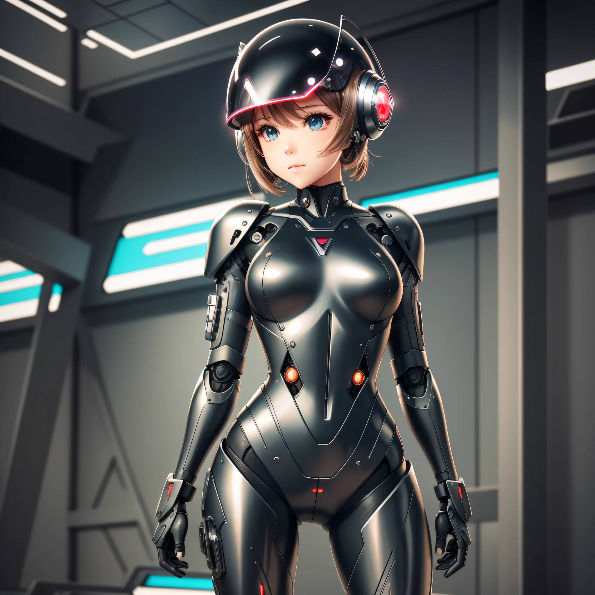 Helmet with antenna, cute girl made of metal, (Cyborg: 1.1), ([Tail | Detail Wire]: 1.3), (Complex Detail), HDR, (Complex Detail, Ultra Detail: 1.2), Cinematic Shot, Masterpiece, Best Quality, High Resolution, Vaginal Foreign Body Insertion, Centered, So Stylish, Black Rubber Bodysuit, , Robot waist and legs, very cute and feminine,