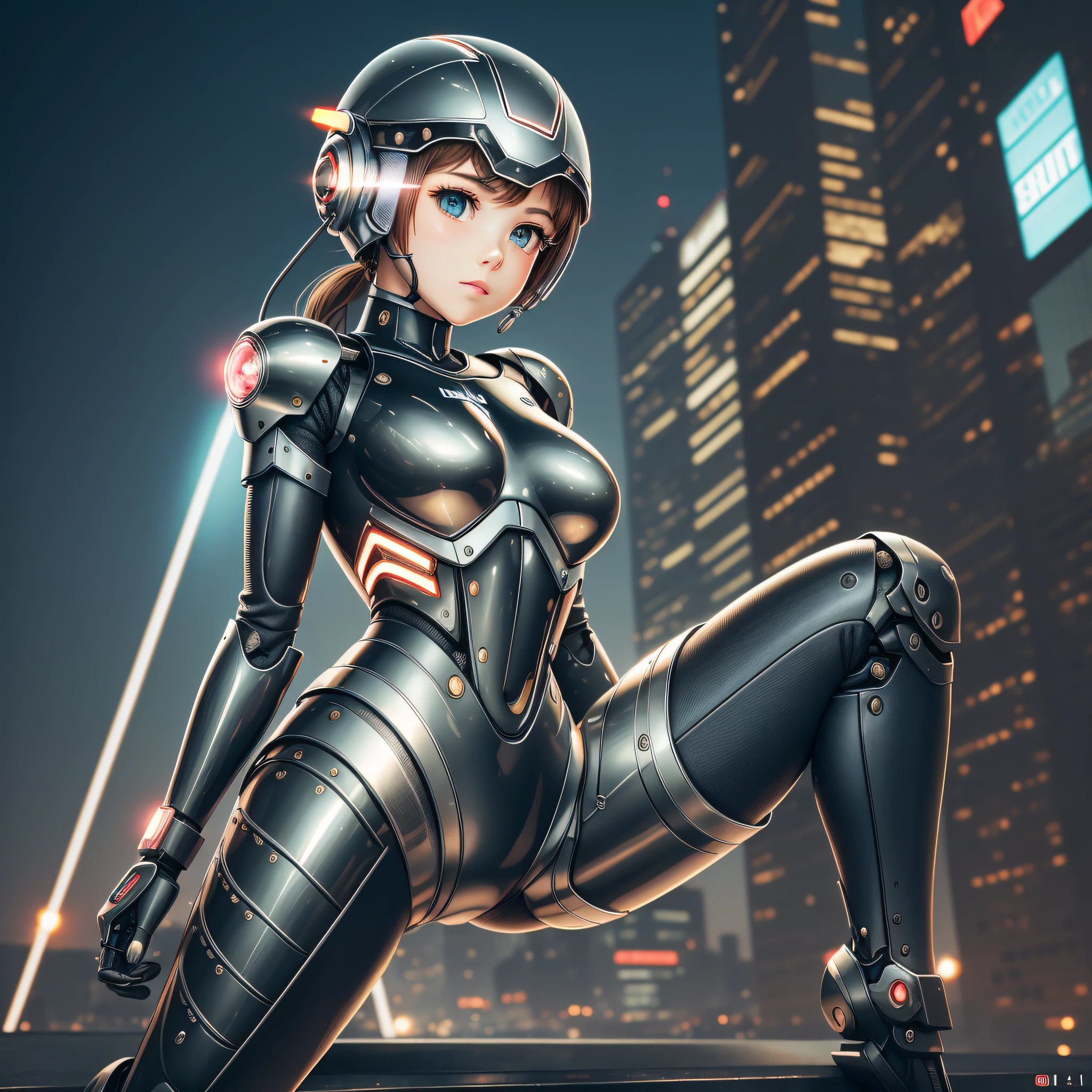 Helmet with antenna, cute girl made of metal, (Cyborg: 1.1), ([Tail | Detail Wire]: 1.3), (Complex Detail), HDR, (Complex Detail, Ultra Detail: 1.2), Cinematic Shot, Masterpiece, Best Quality, High Resolution, Vaginal Foreign Body Insertion, Centered, So Stylish, Black Rubber Bodysuit, , Robot waist and legs, very cute and feminine,