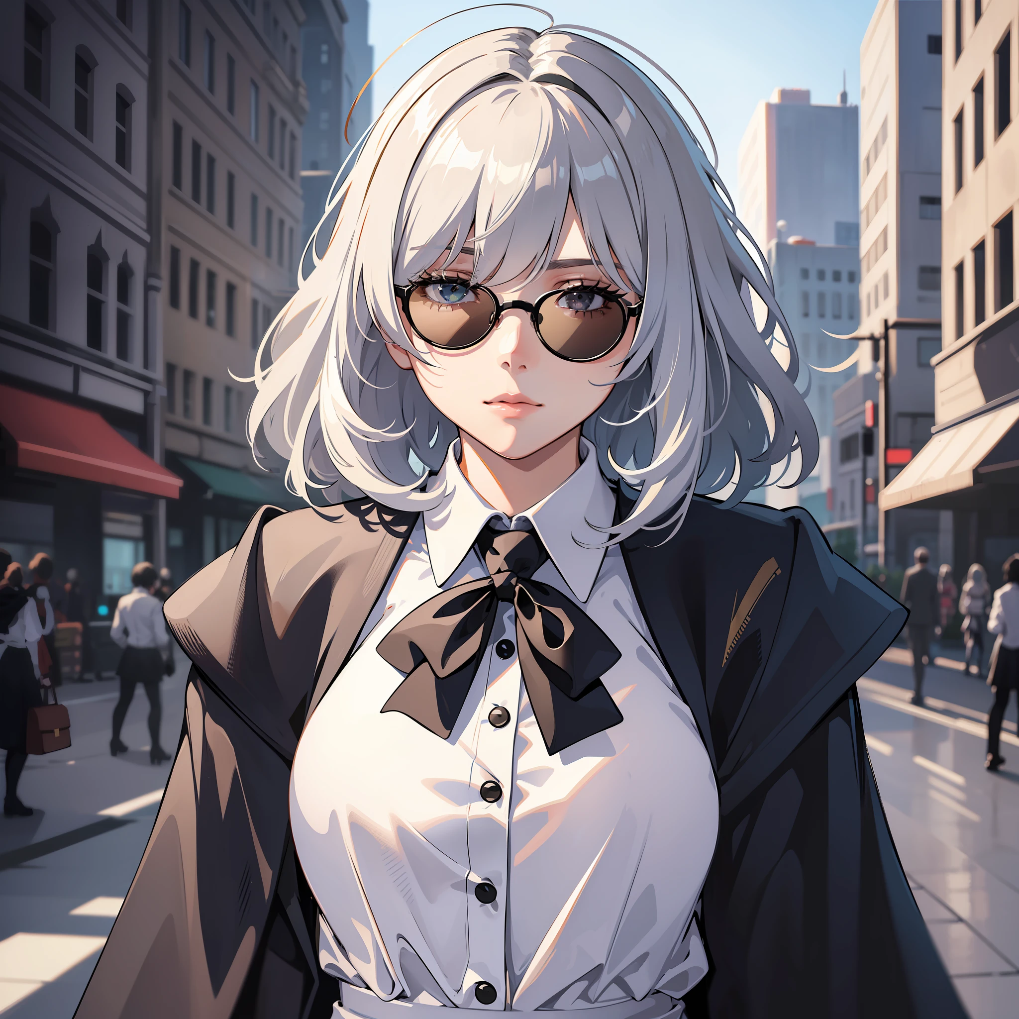 masterpiece, best quality, solo, (yorha no. 2 type b:1.14), (portrait:1.1), (upper body:1.1), medium breasts, expressionless, 1girl, solo, (ruffling hair, messy hair:1.1), medium hair, white hair, city background, best quality, ultra detailed, 1girl, solo, standing, medium hair, blunt bangs does not look at the viewer, white shirt, tie, long black skirt, black gloves,  round black glasses, sunglasses, totally black glasses, hiding the eyes, does not show the eyes