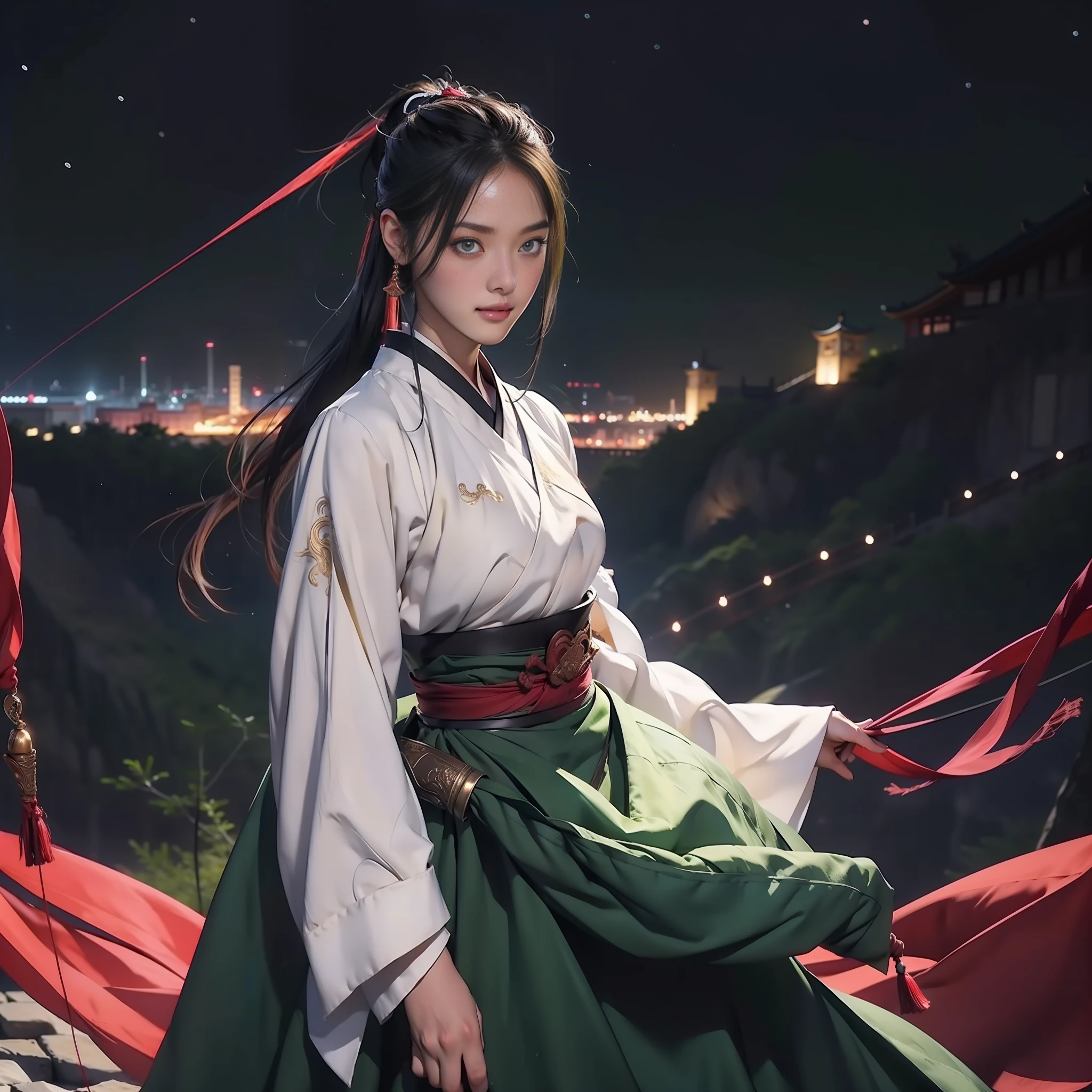 1 girl, (girl), anime girl, hanfu girl, chinese girl, anime role play, realistic role play, slightly fat, willow eyebrows, beautiful appearance, handsome, yellow eyes, smile, brunette hair, yellow eyes, raised eyebrows, (short ponytail), cotton skirt, (dark green skirt: 1.8), belt, shoulder armor, standing, translucent skirt, long skirt, long skirt, black hair, long eyelashes, solid round eyes, red ears, fragrant, starry sky background, standing on city wall, chinese city wall, mountain range, epic, surrealism, falling shadow, Super Detail, Accurate, Stereogram, Atmospheric Perspective, 8K, Best Quality
