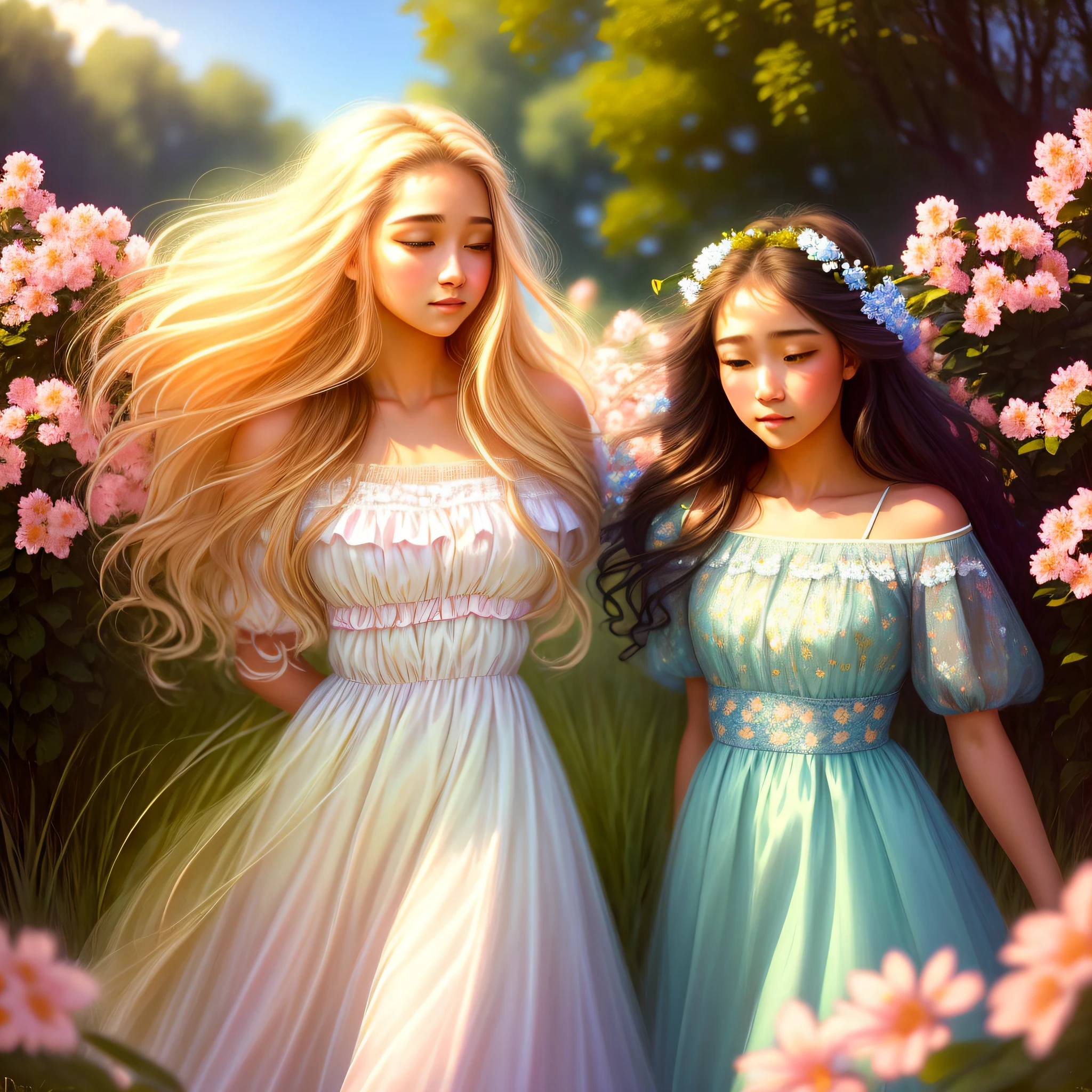 One image depicts a beautiful girl in a natural setting, surrounded by a field of colorful flowers. The luminosity is soft, with the golden sun's rays filtering through the trees, creating a soft glow on your face. The girl has long, loose hair, and her expressive eyes convey calm and serenity. She is wearing an elegant dress, with soft colors and delicate floral patterns. The image has a realistic style with an impressionistic touch, reminiscent of the paintings of artists such as Monet and Renoir. In the background, there is a gentle countryside, with green hills and a clear blue sky. The combination of soft colours, charming luminosity and delicate details conveys a sense of beauty and tranquility