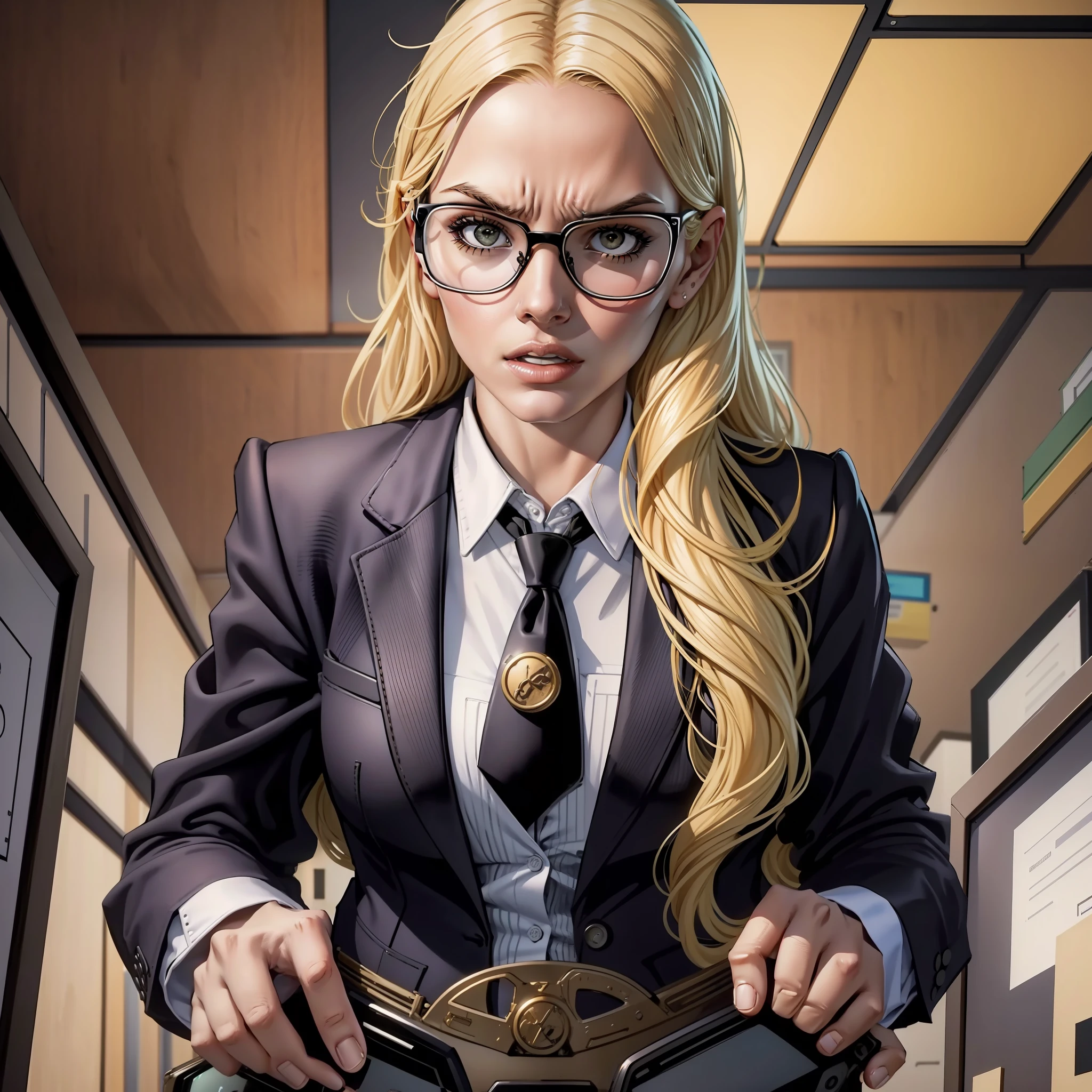 beautiful women,blonde,wears glasses,scientist outfit,black pants,black shoe,close-up on face,anger expression,backdrop of an office background--seed4043214799