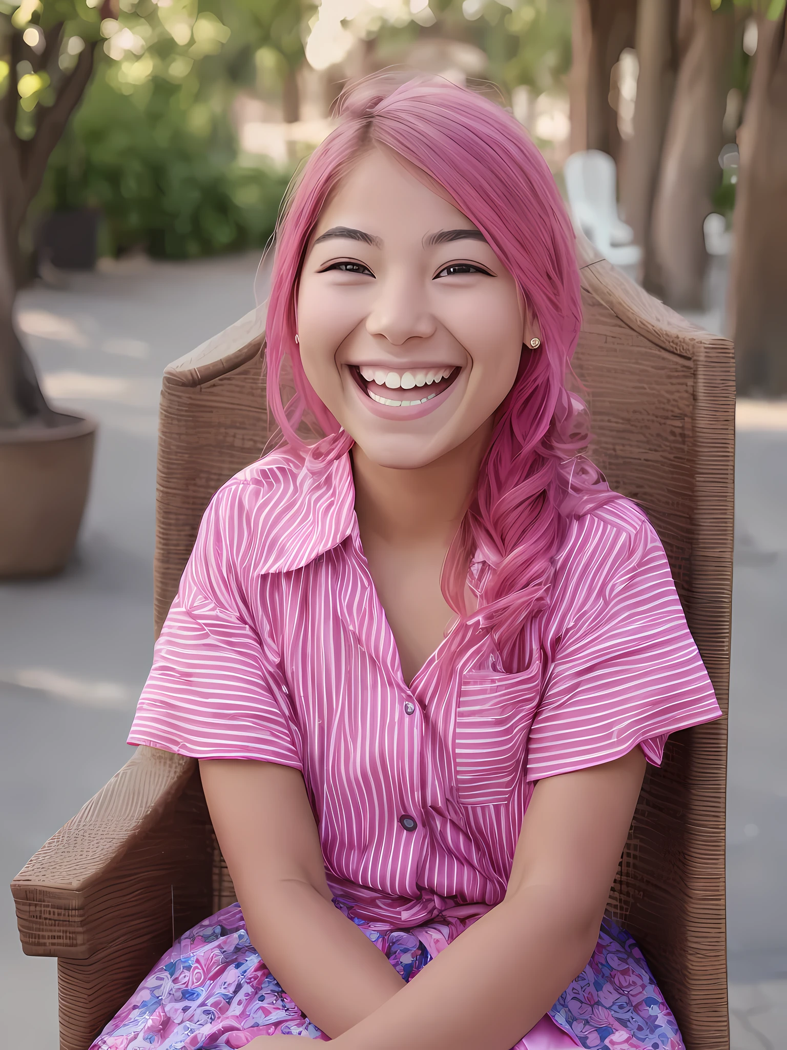 smiling girl with pink eye makeup sitting in a chair outside, joyful look, insane smile, with a beautifull smile, looking towards the camera, winking at the camera, she is smiling and happy, face shot, she expressing joy, very very happy!, looking partly to the left, she is smiling and excited, very silly looking, smiling playfully