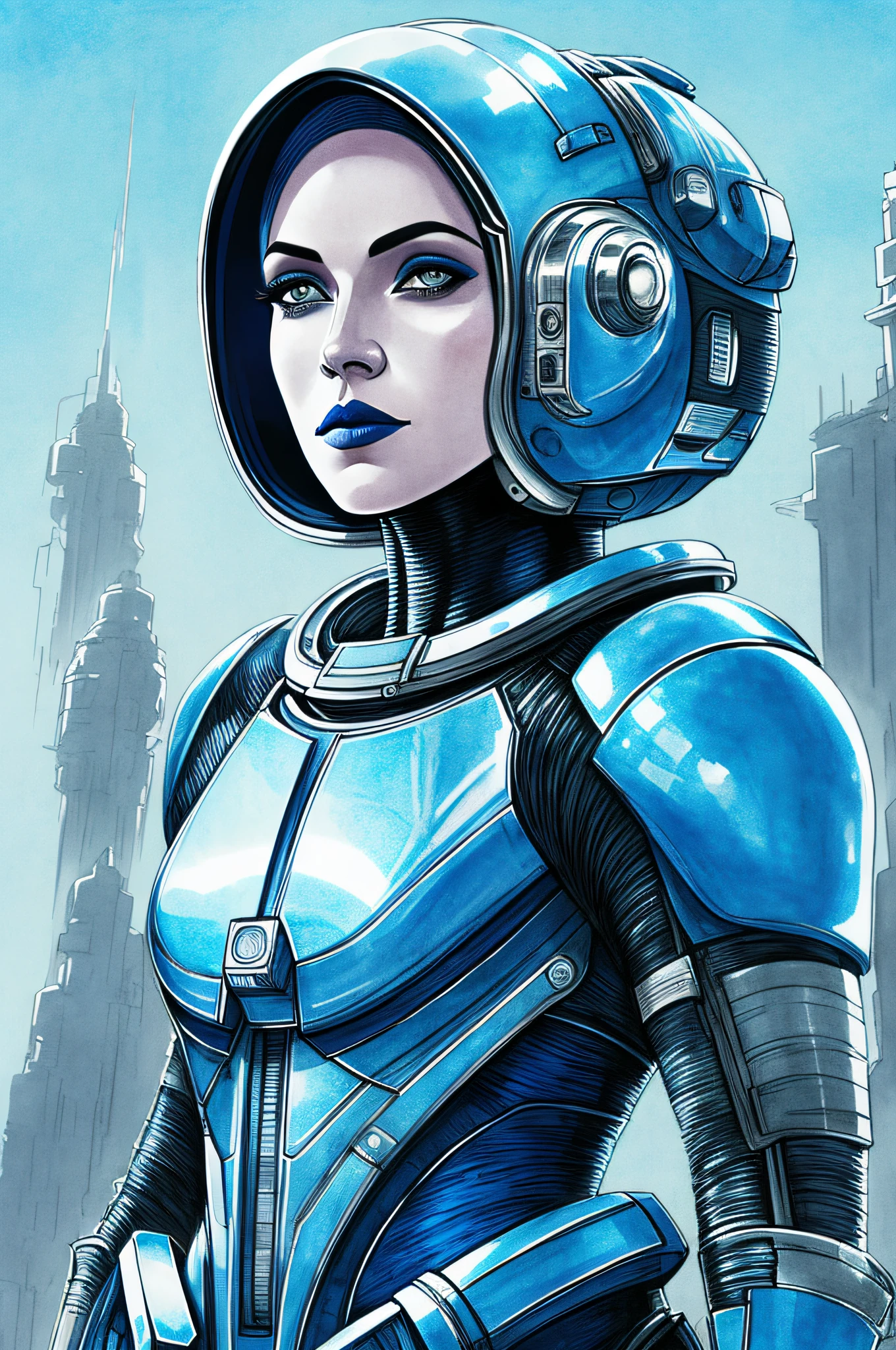 portrait of 1 beautiful woman, pale skin, blue short hair, blue lips, 
spacesuit, complex background, city 
futuristic Egypt,  detailed,  ( ink sketch by methurlant)
high contrast, best shadow, cinematic lighting
(masterpiece, best quality:1.3),