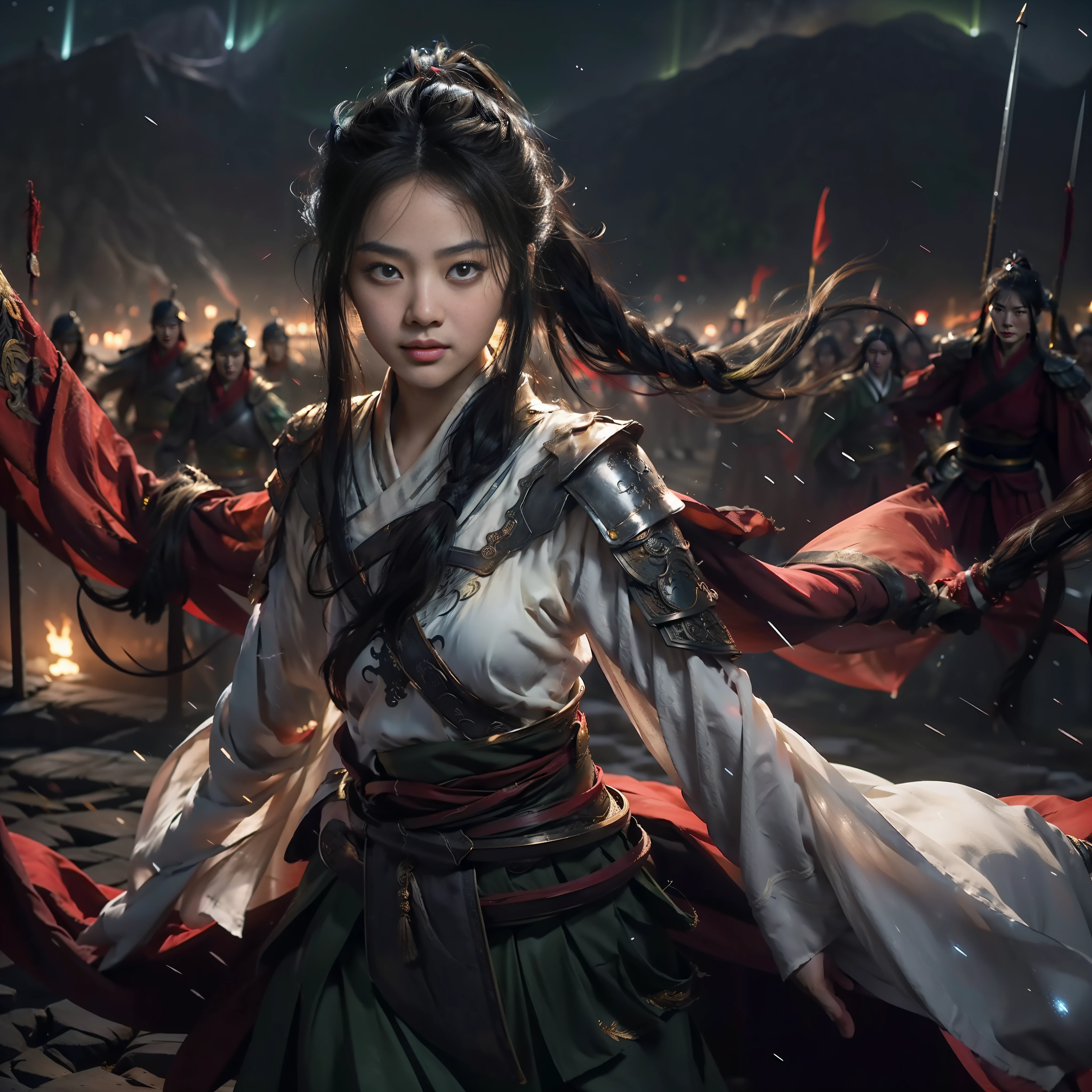 1 girl, (mature girl), slightly chubby, female warrior, Mulan, anime girl, anime role play, realistic role play, willow eyebrows, beautiful appearance, handsome, yellow eyes, smile, brunette hair, yellow eyes, raised eyebrows, short ponytail, (short ponytail), translucent skirt, long skirt, cotton skirt, (dark green skirt), belt, shoulder armor, cape, standing, black hair, long eyelashes, solid round eyes, red ears, fragrant, background blur, starry sky background, standing on the city wall, chinese city wall, mountain range, epic, surrealism, falling shadows, super detail, accurate, stereogram, atmospheric perspective, 8k, best quality