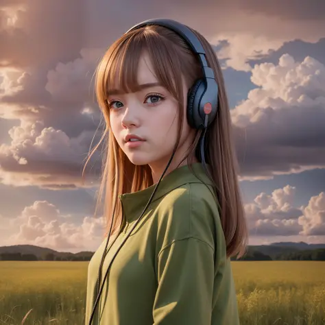 an anime girl wearing headphones and standing in a field, in the style of realistic hyper-detailed portraits, cabincore, earthy colors, ambitious, dinopunk, atmospheric clouds, bold, manga-inspired characters