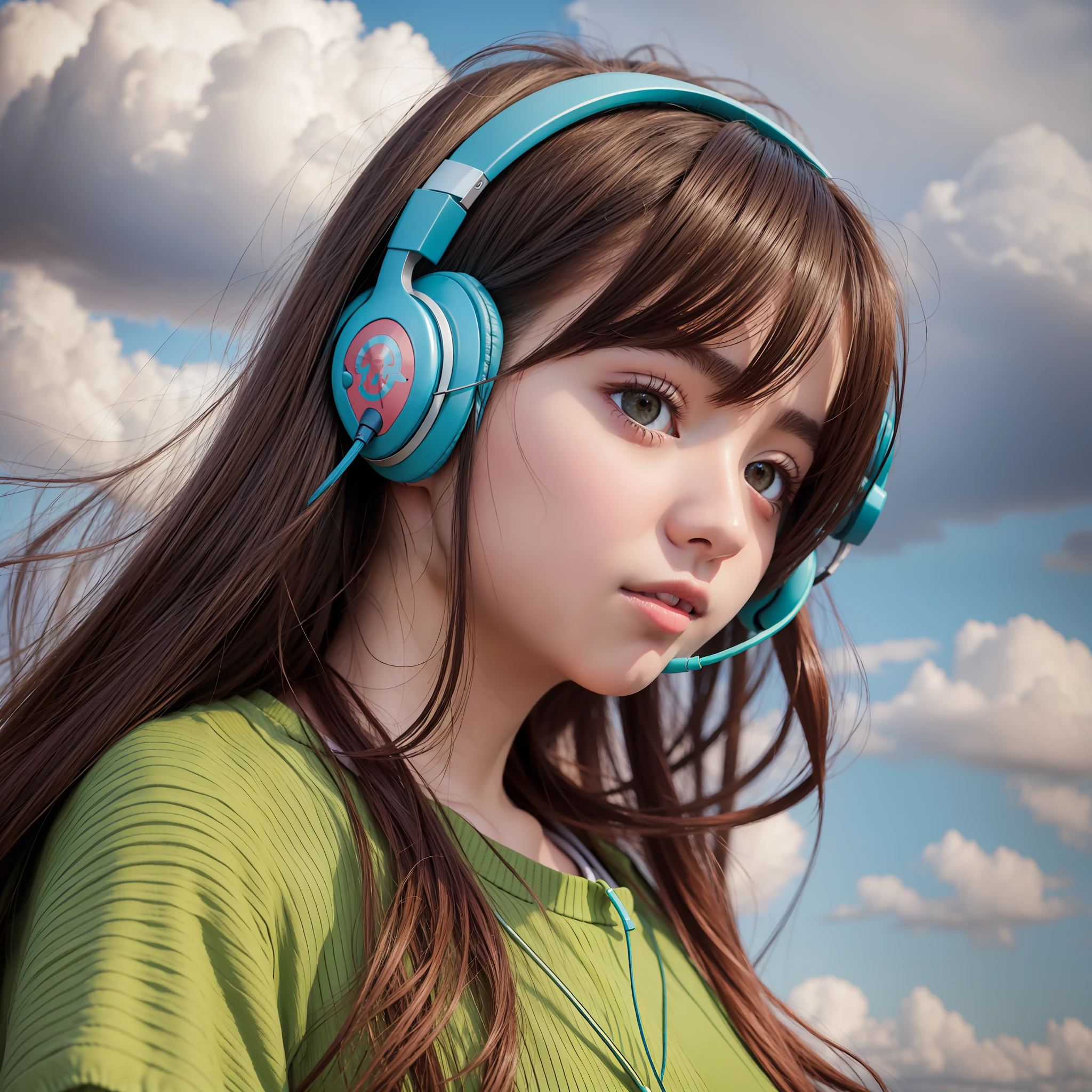ein Anime-Mädchen, das Kopfhörer trägt und auf einem Feld steht, im Stil realistischer hyperdetaillierter Porträts, Kabinenkern, erdige Farben, ehrgeizig, dinopunk, atmosphärische Wolken, deutlich, Manga-inspirierte Charaktere