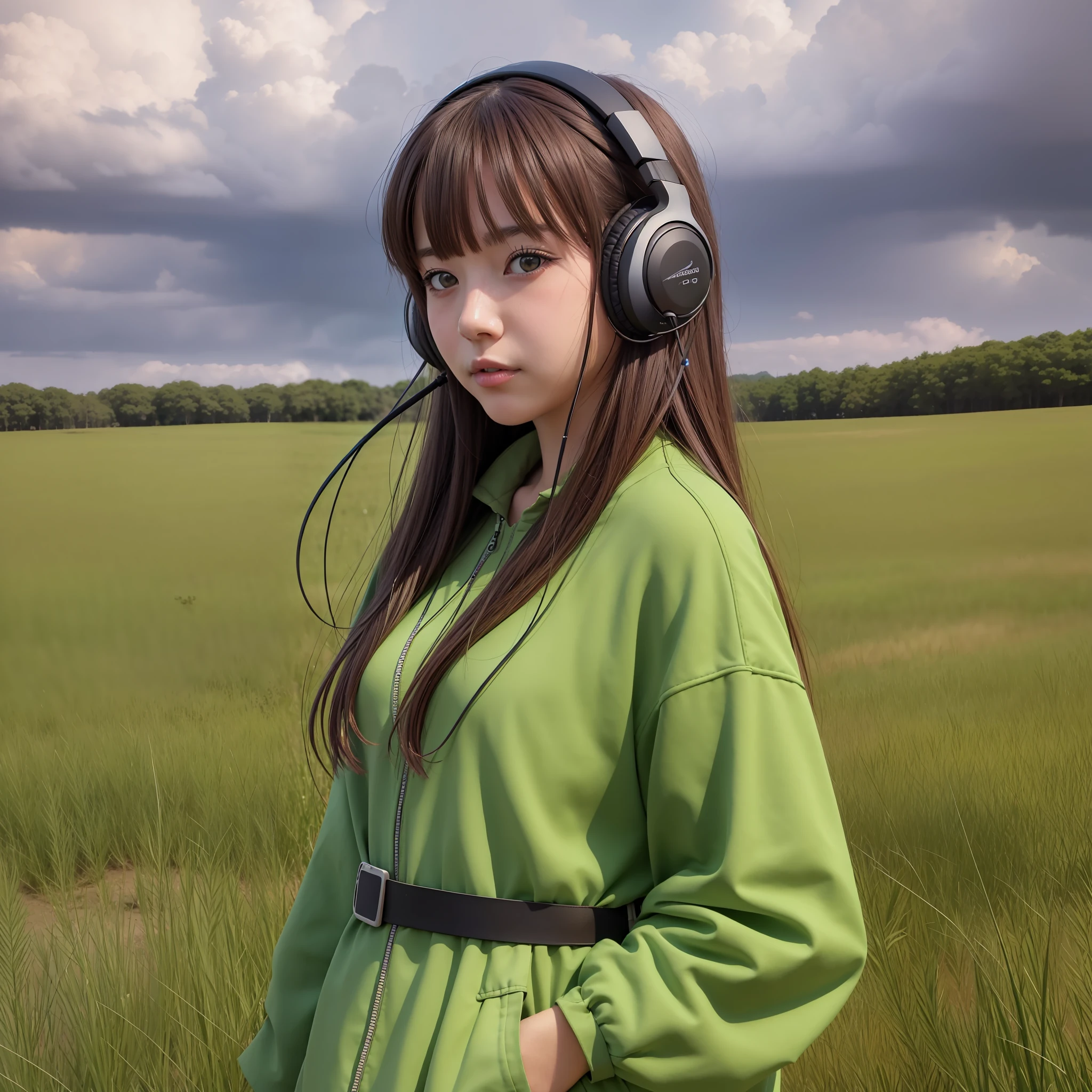 ein Anime-Mädchen, das Kopfhörer trägt und auf einem Feld steht, im Stil realistischer hyperdetaillierter Porträts, Kabinenkern, erdige Farben, ehrgeizig, dinopunk, atmosphärische Wolken, deutlich, Manga-inspirierte Charaktere