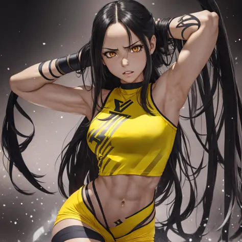 Hayate nagatoro, long straight hair, crouched in the dressing room with her hands behind her head, bright yellow eyes, gothic ma...