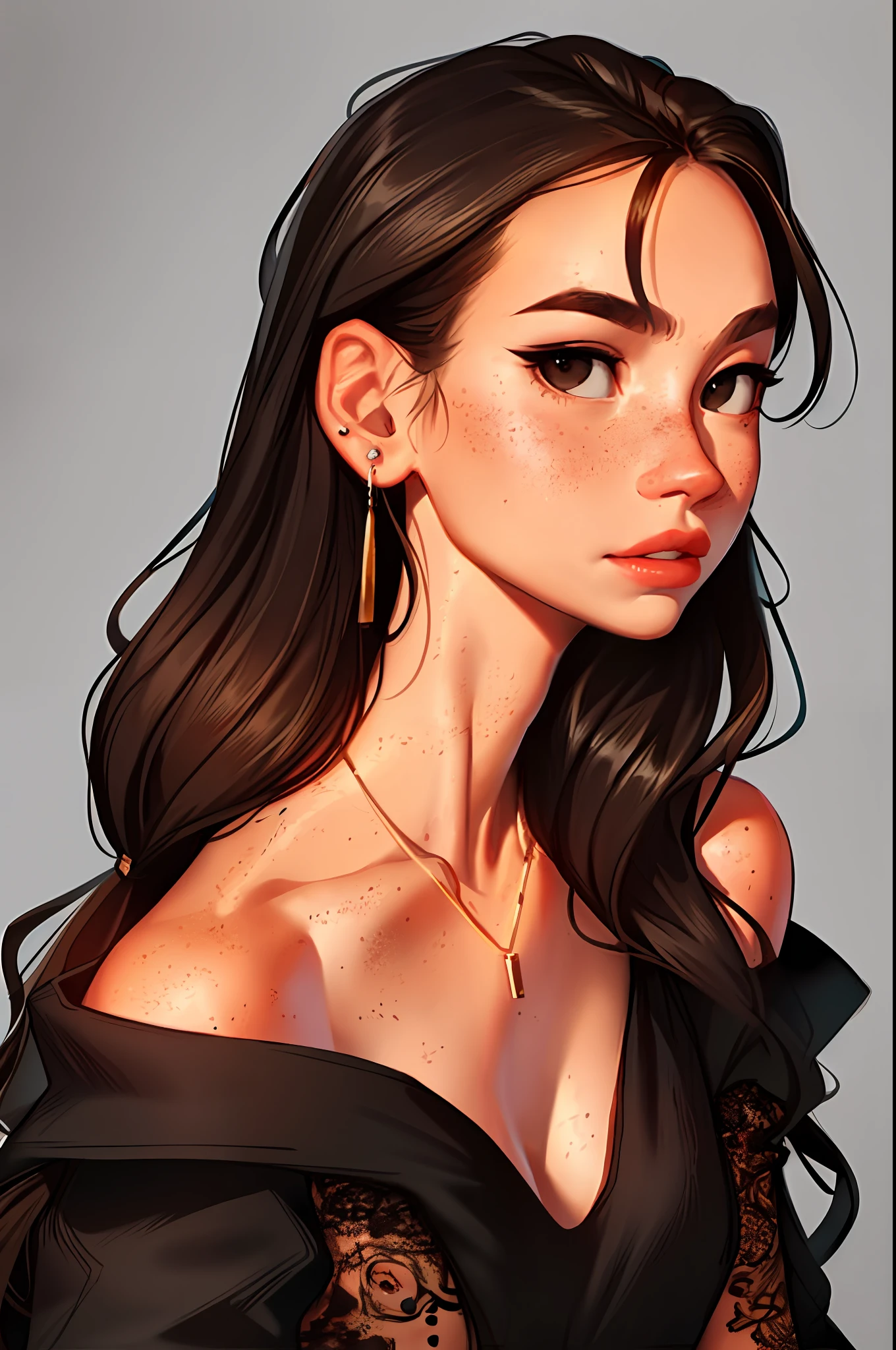 Sam Yang, 1girl, back, bare shoulders, black eyes, dark circles, brown hair, earrings, freckles, jewelry, lips, long hair, looking at viewer, looking back, necklace, off shoulder, lips half-open, portrait, day, depth of field, solo, ((masterpiece))