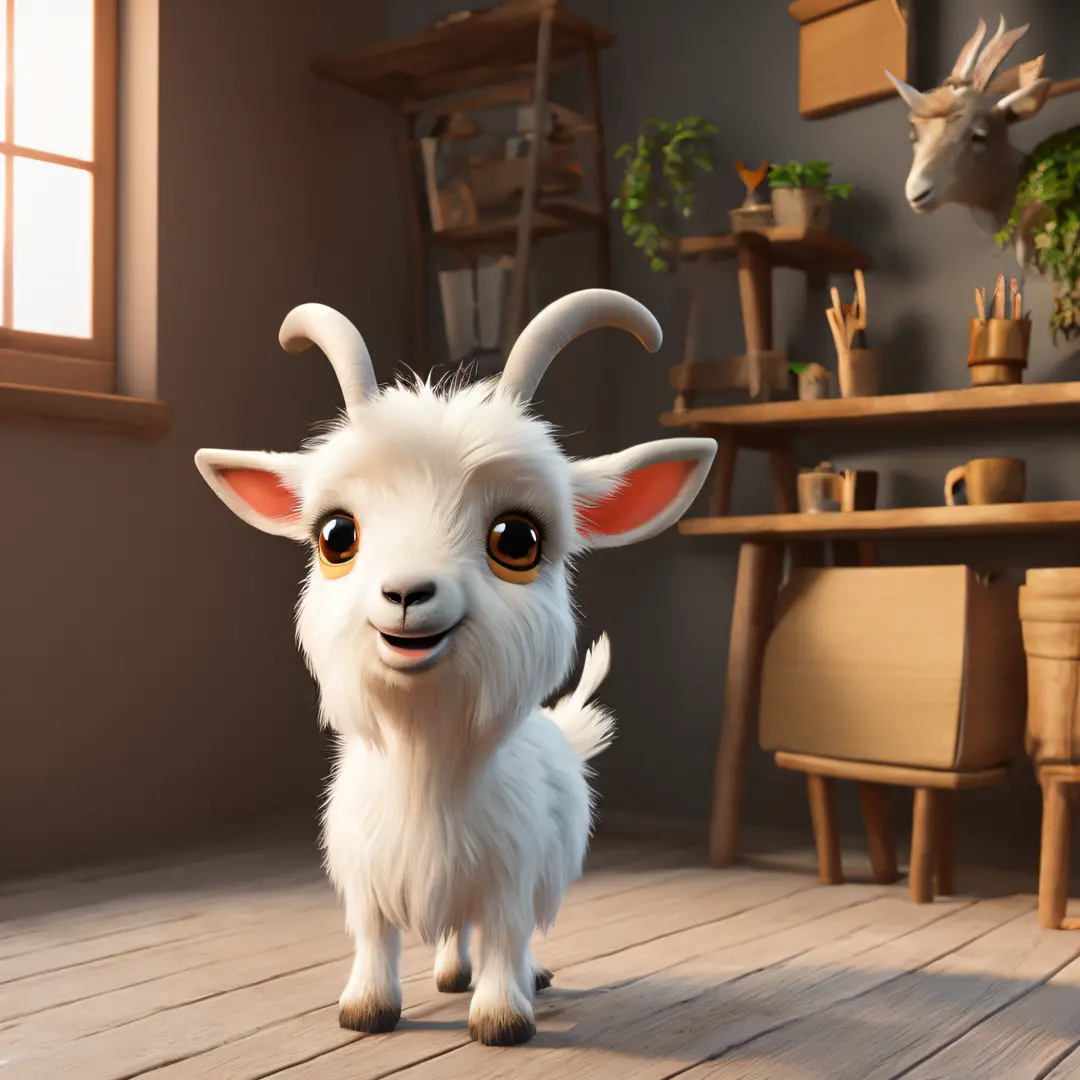 Cute adorable little goat waving and smiling greeting me, unreal engine, cozy interior lighting, art station, detailed digital p...