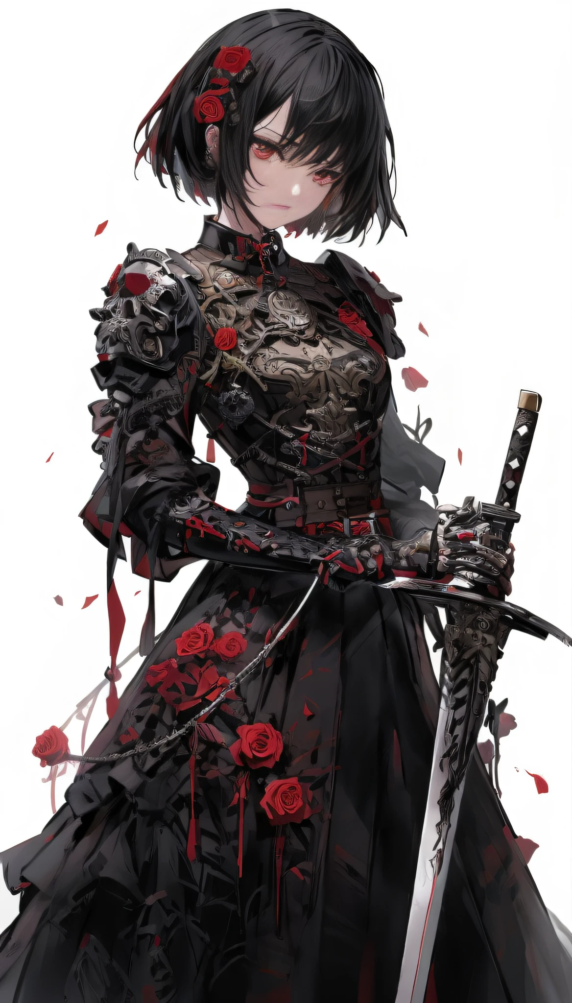 anime girl with a sword and roses in her hair, by Yang J, blood knight, gothic knight, cyberpunk cyborg. roses, of a beautiful female knight, dark fantasy style art, female knight, highly detailed exquisite fanart, by Yoshihiko Wada, tsutomu nihei art, 2 b, 2b, blood red armor, gothic armor, very beautiful cyberpunk samurai