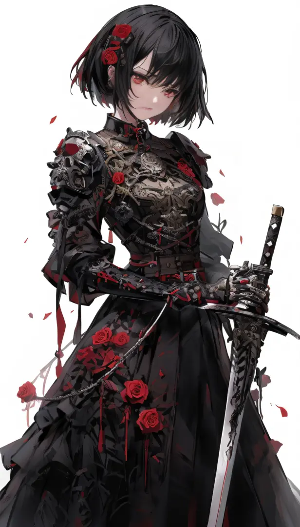 anime girl with a sword and roses in her hair, by Yang J, blood knight, gothic knight, cyberpunk cyborg. roses, of a beautiful f...